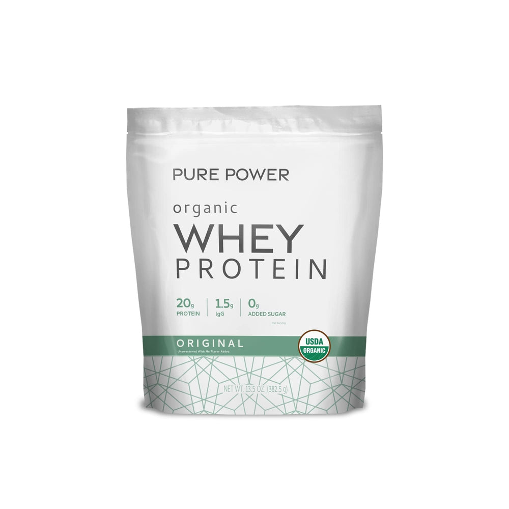 Dr. Mercola Pure Power Organic Whey Protein tub front—high-protein fueling for workouts.