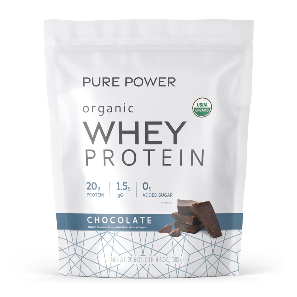 Dr. Mercola Pure Power Whey Chocolate packaging highlights 15 servings and organic protein benefits.
