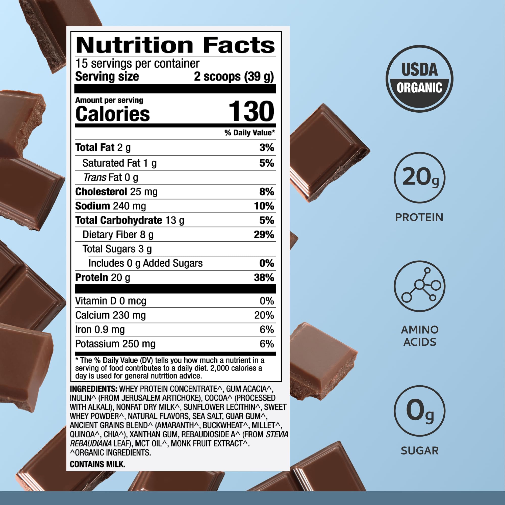 Dr. Mercola Pure Power Whey Chocolate shake glass demonstrates creamy flavor with no added sugar.