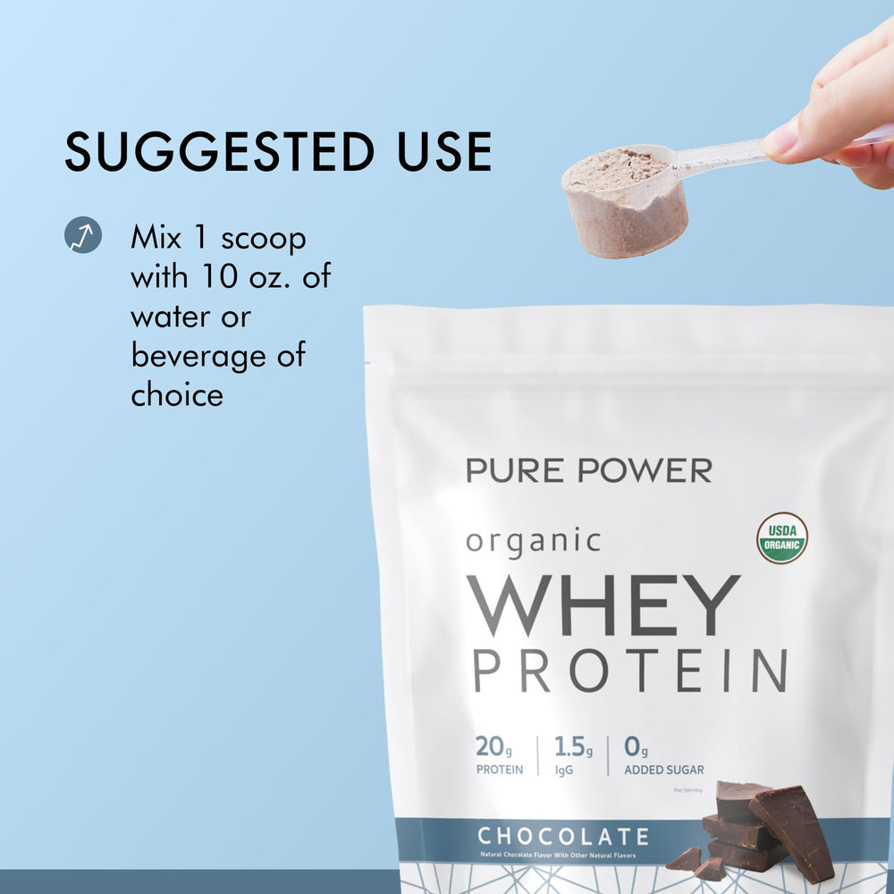 Dr. Mercola Pure Power Whey nutrition panel communicates leucine-rich protein and BCAAs.