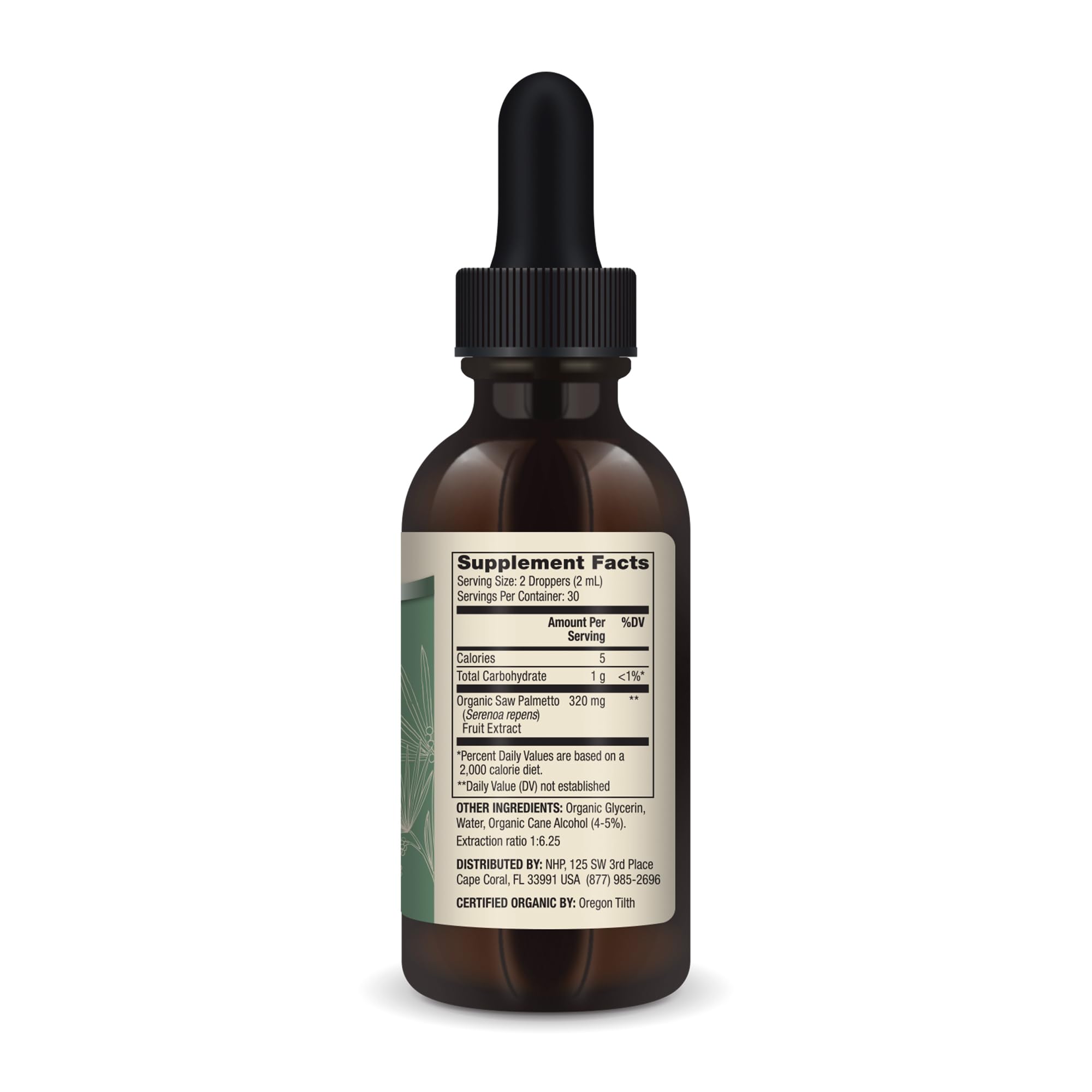 Close-up of dropper dispensing liquid from the Saw Palmetto bottle