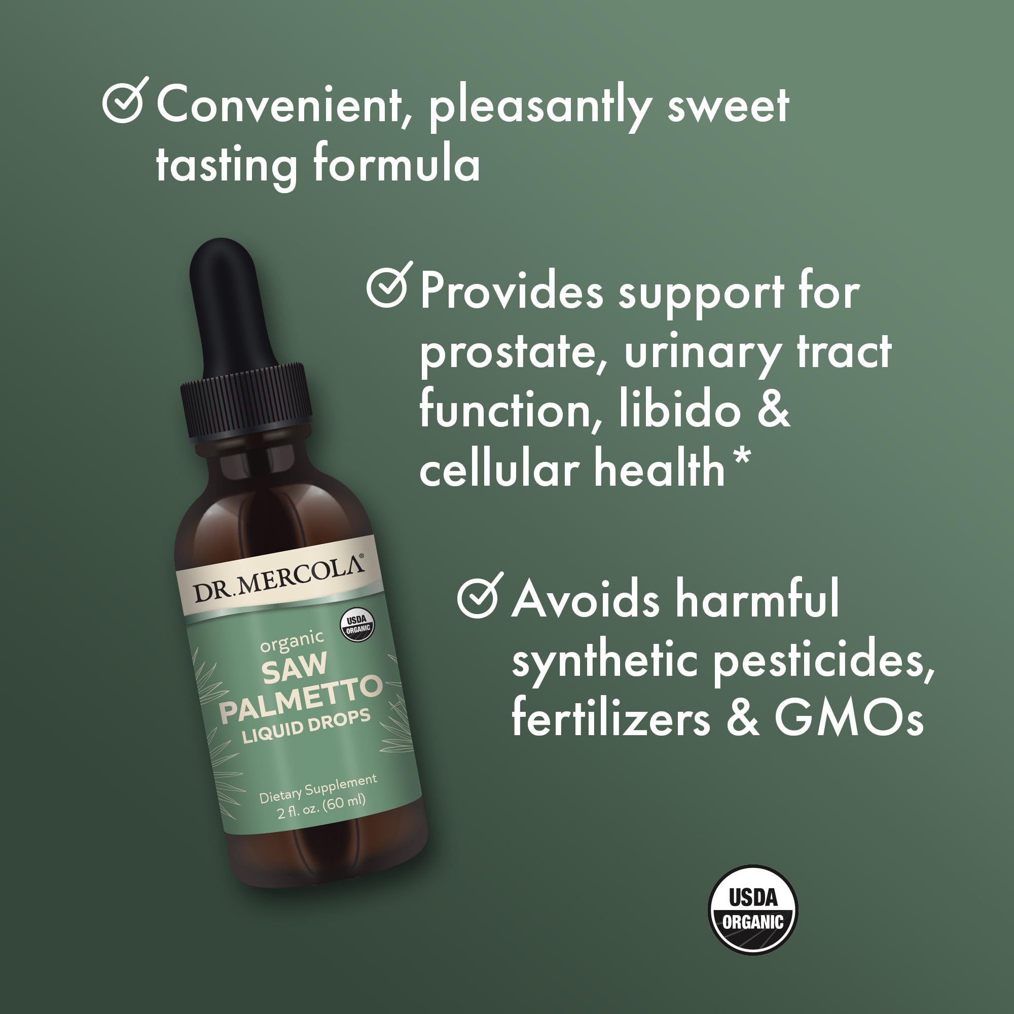 USDA Organic seal beside Saw Palmetto Liquid Drops packaging
