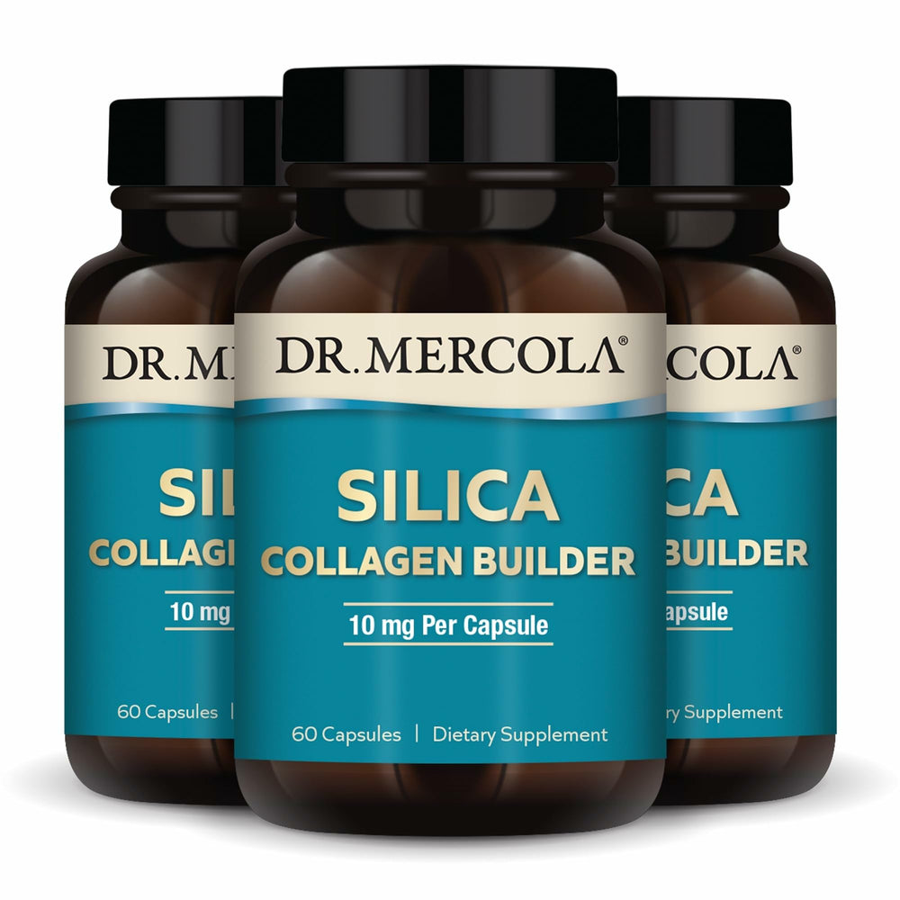 Bottle of Dr. Mercola Silica Collagen Builder 180 capsules with label