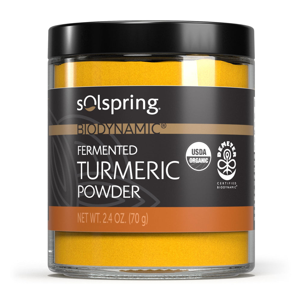 Front view of Dr. Mercola Solspring Biodynamic Organic Fermented Turmeric Powder jar, 2.40 oz