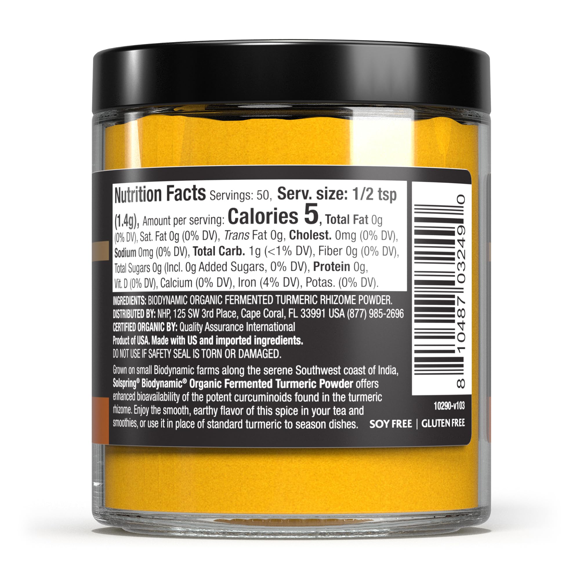 Back label showing nutrition facts and Demeter certification on Solspring Turmeric Powder jar