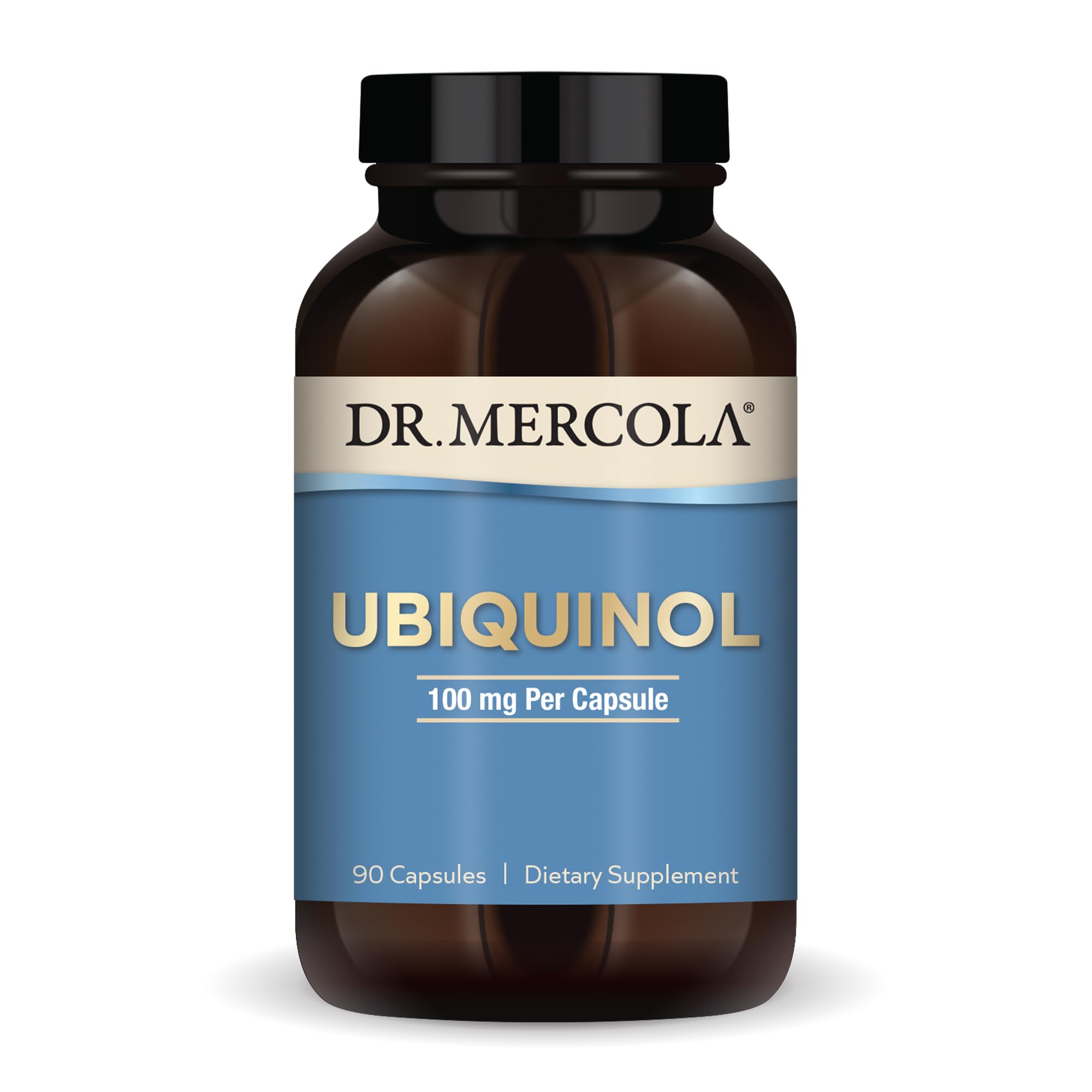 Front view of Dr. Mercola Ubiquinol 100 mg capsules