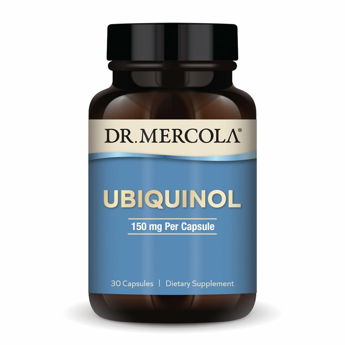 Dr. Mercola Ubiquinol 150 mg bottle on white background
