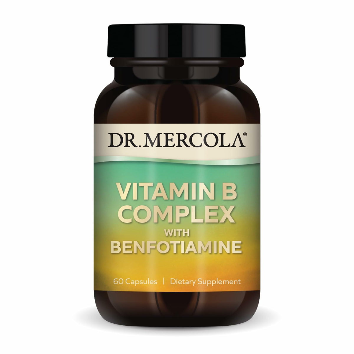 Front view of Dr. Mercola Vitamin B Complex with Benfotiamine bottle