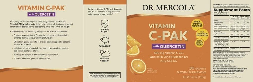 Close-up of ingredients: quercetin, vitamin D3, and zinc in Vitamin C-PAK