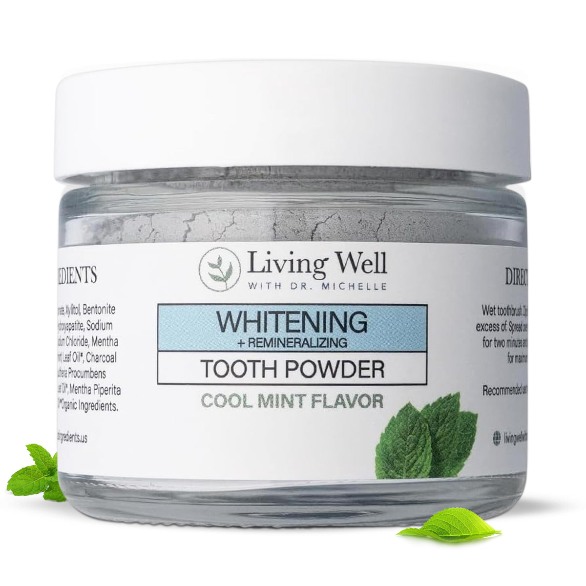 Dr. Michelle Cool Mint remineralizing and whitening tooth powder bottle