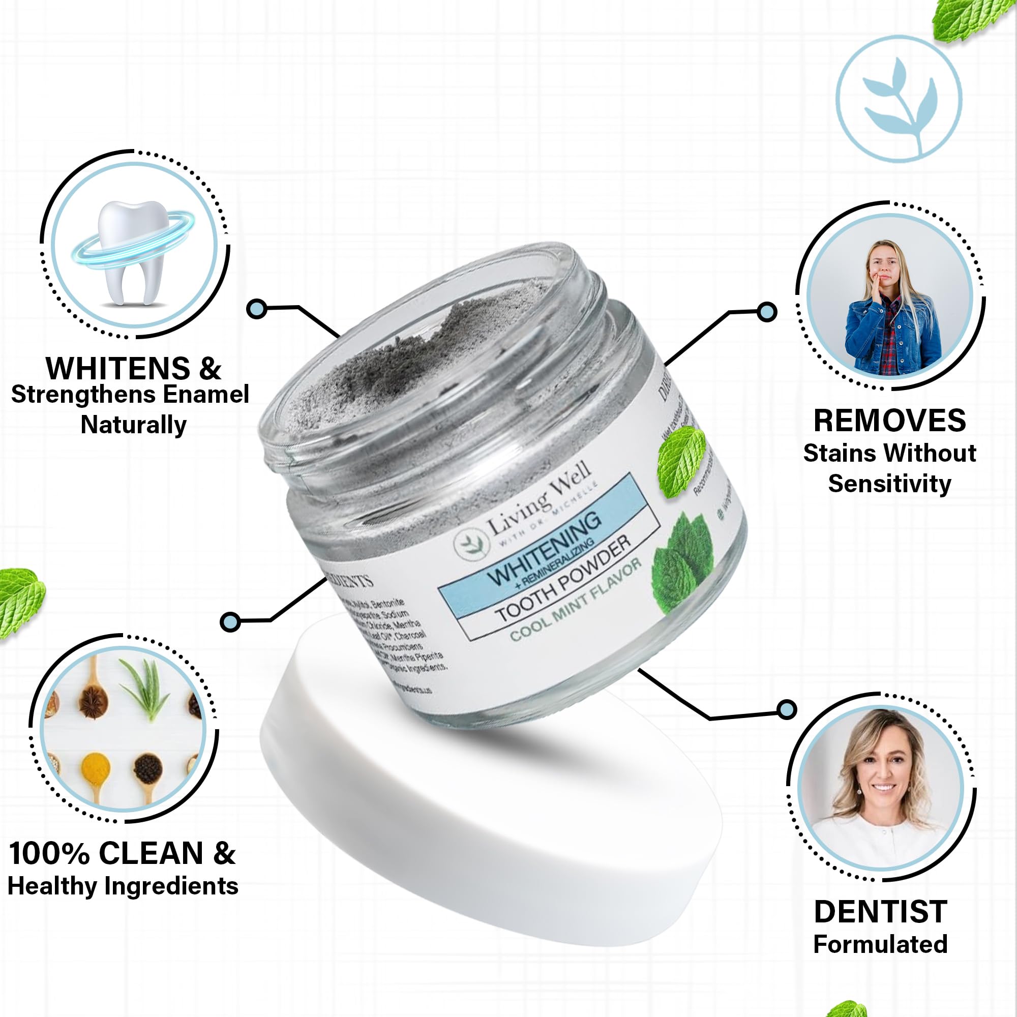 Close-up of Cool Mint remineralizing tooth powder texture