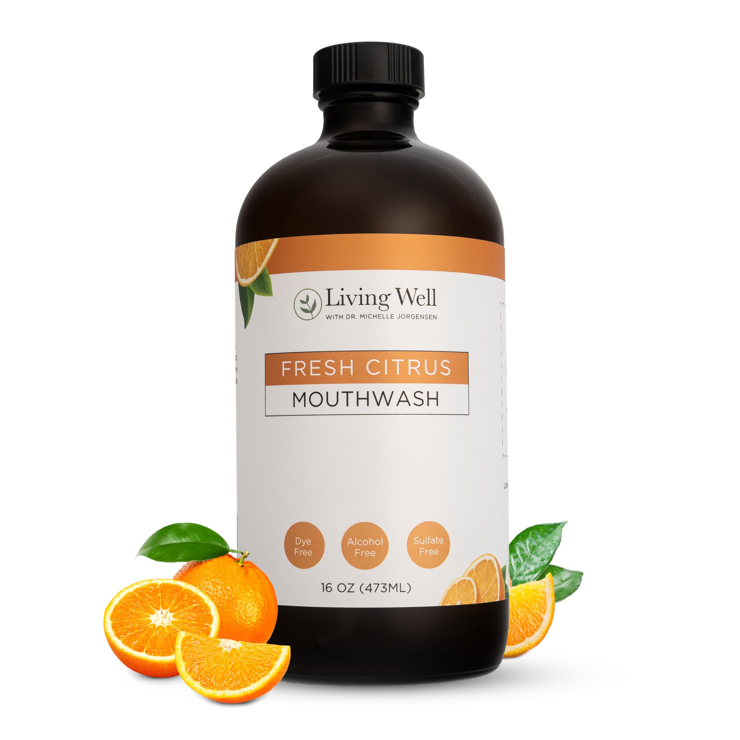 Front view of Dr. Michelle Fresh Citrus Remineralizing Mouthwash bottle