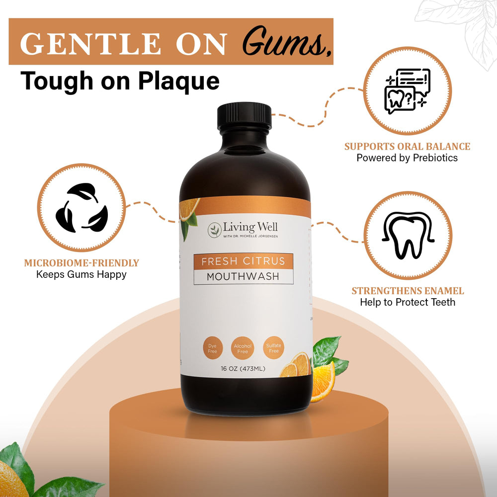 Close-up of mouthwash bottle with citrus slice and label details