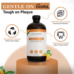 Close-up of mouthwash bottle with citrus slice and label details