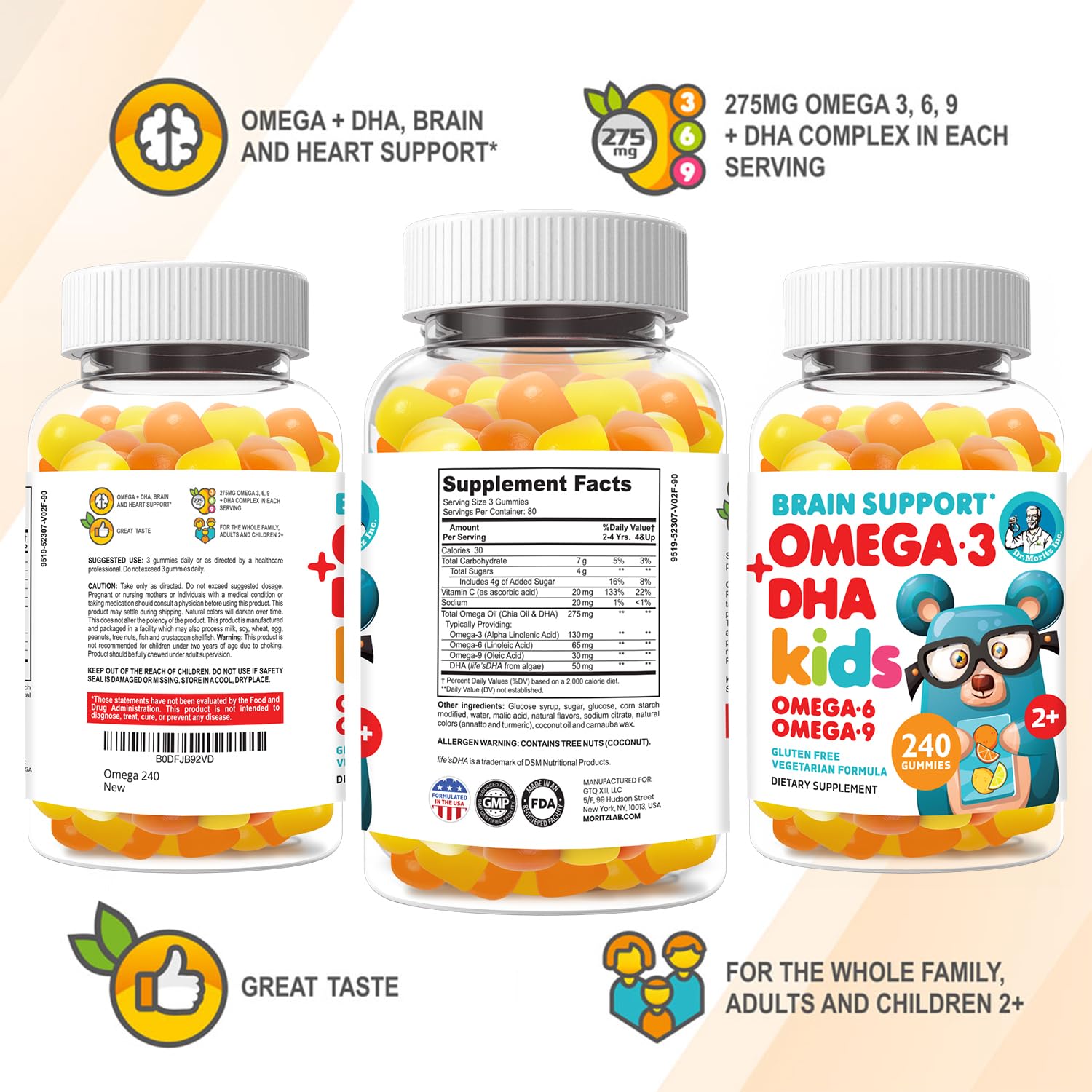 Orange and lemon flavored vegan omega-3 gummies for kids