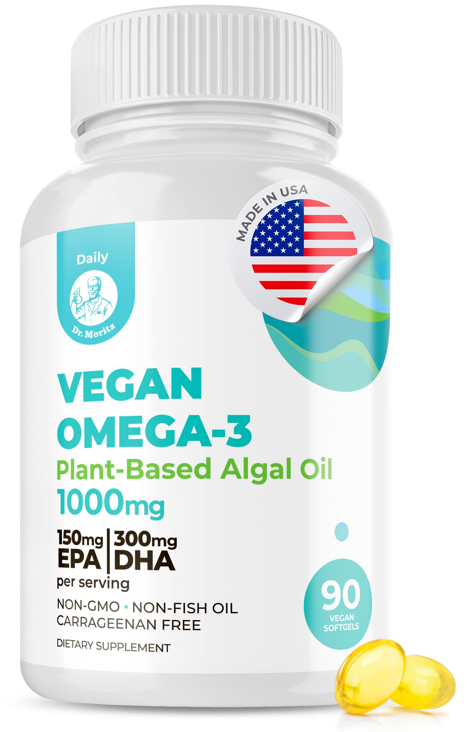 Dr. Moritz vegan omega-3 softgels made from algae oil with DHA and EPA for adults and kids, 90-count