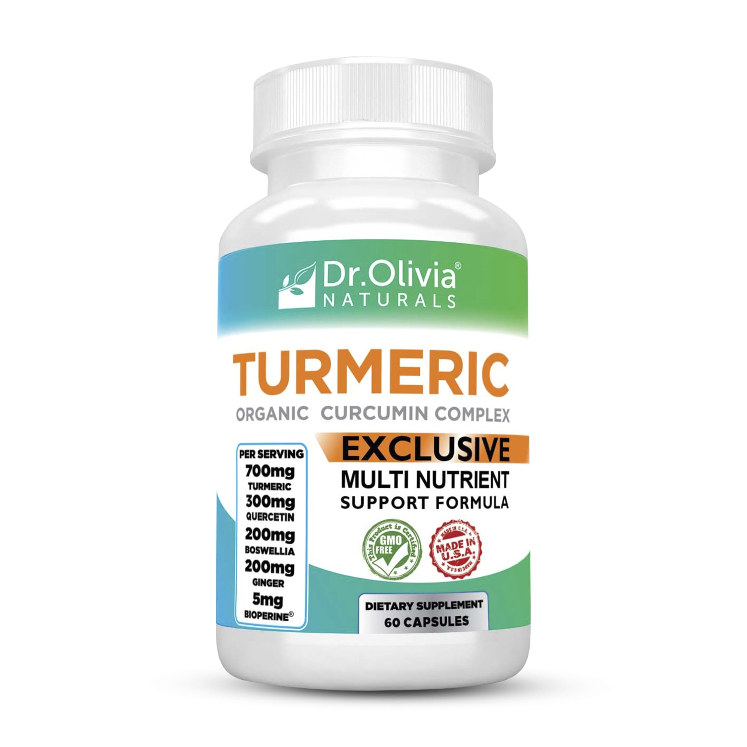 Bottle of Dr. Olivia Naturals Organic Turmeric Complex 60 capsules