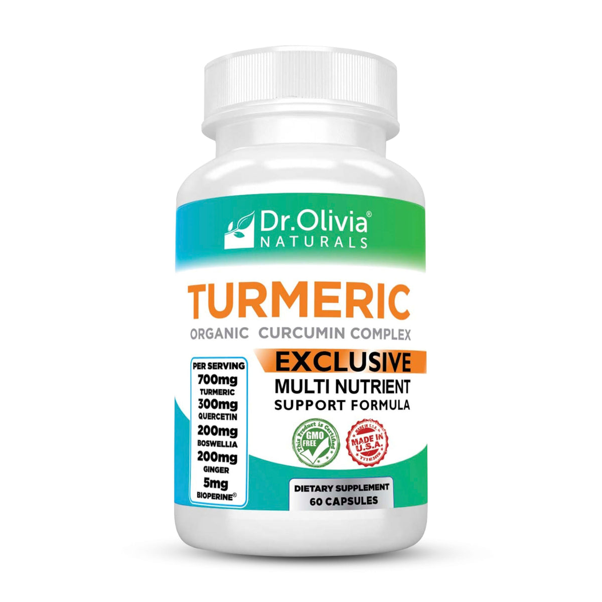 Bottle of Dr. Olivia Naturals Organic Turmeric Complex 60 capsules