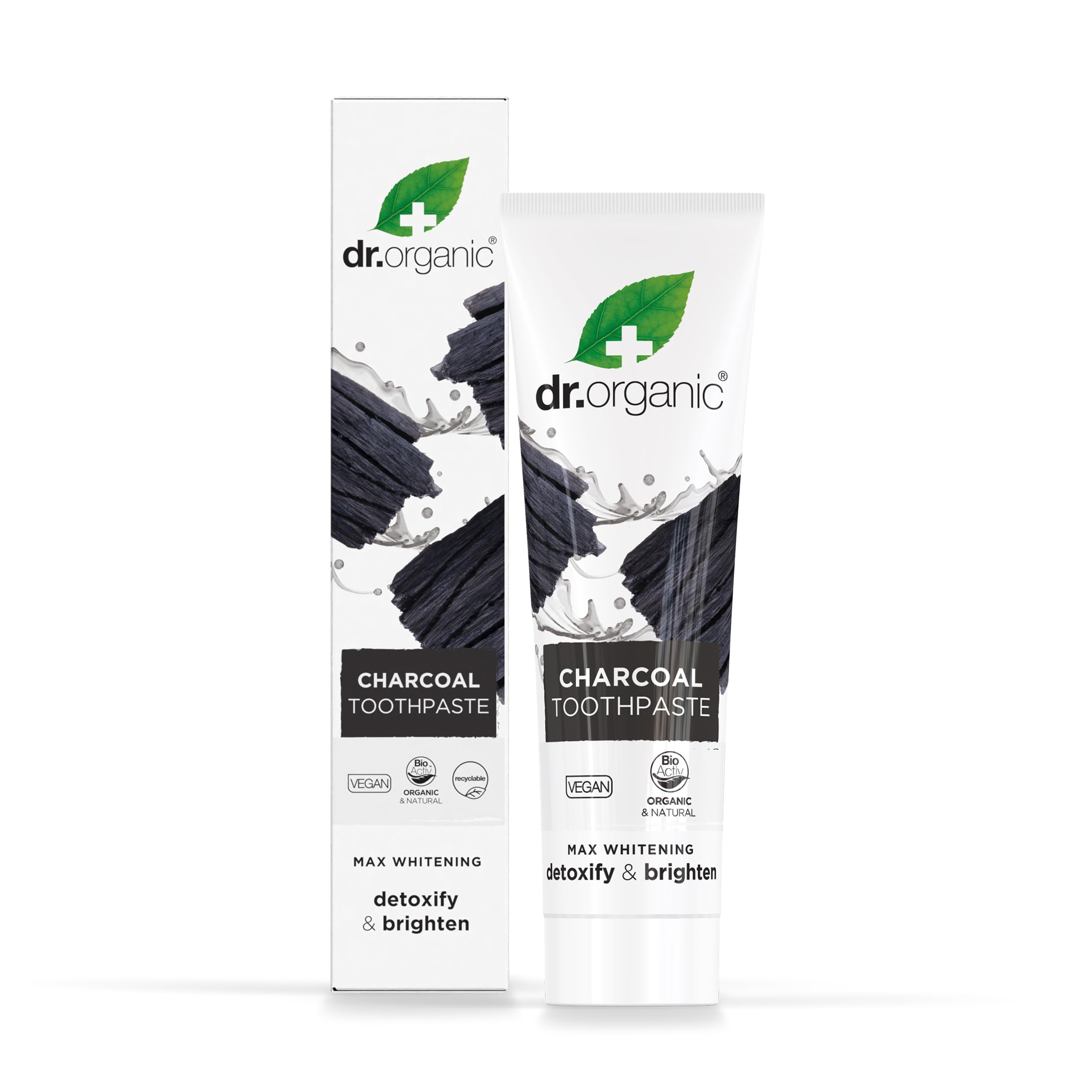 Front view of Dr Organic Extra Whitening Charcoal Toothpaste 100ml tube