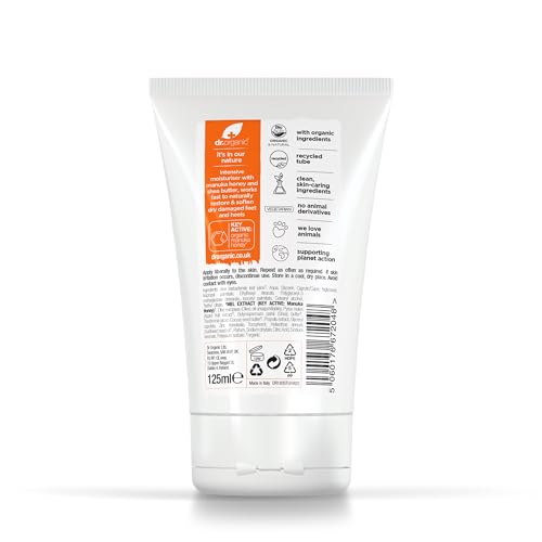 Dr Organic Manuka Honey Foot Cream on rough heel highlighting softening benefits