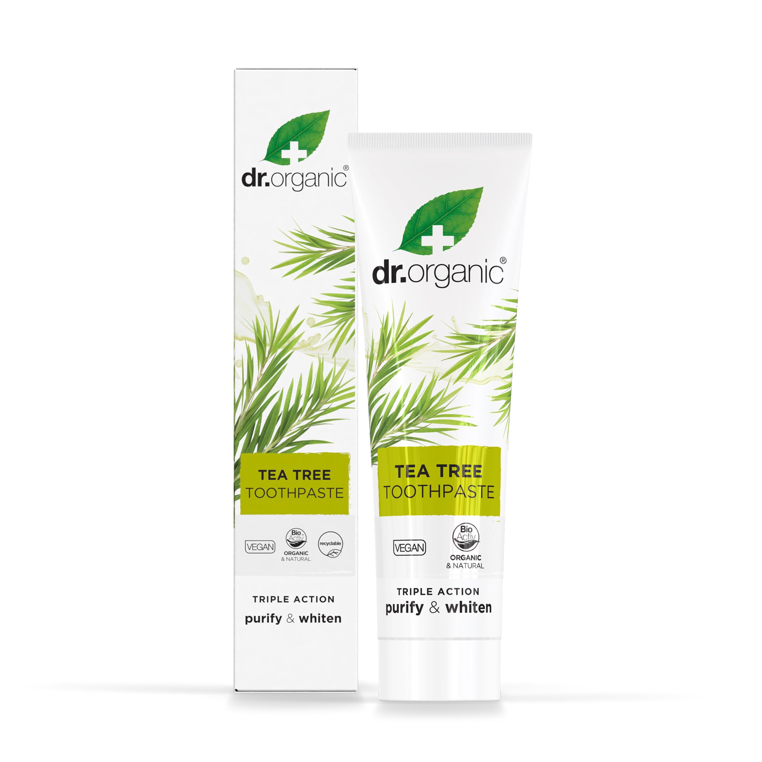 Front view of Dr.organic Tea Tree Toothpaste 100ml tube