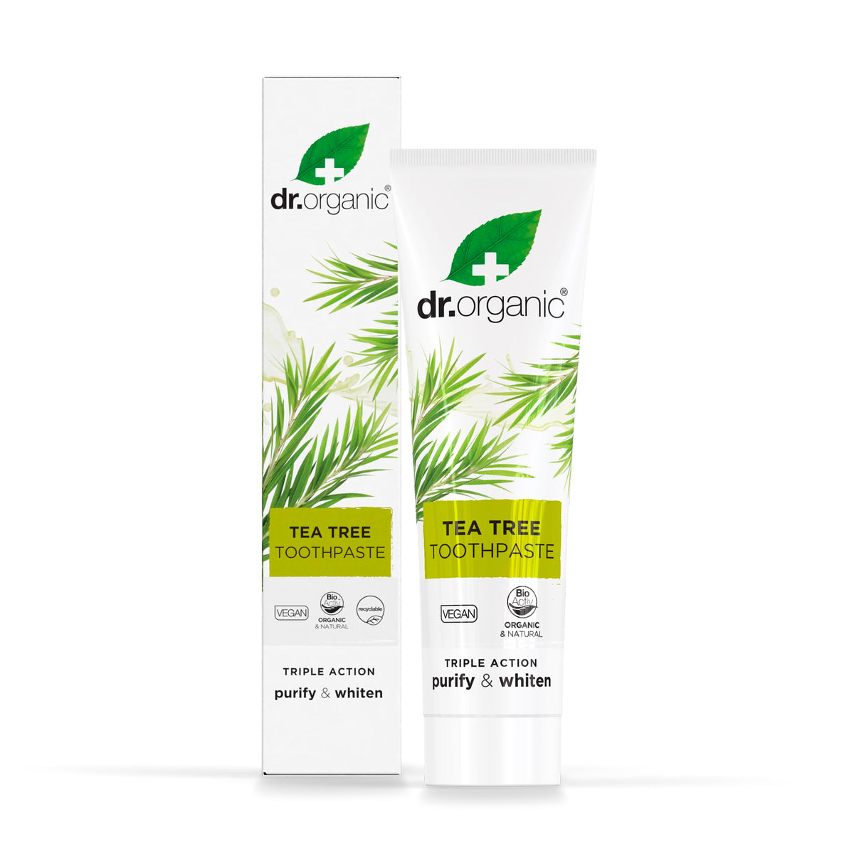 Front view of Dr.organic Tea Tree Toothpaste 100ml tube