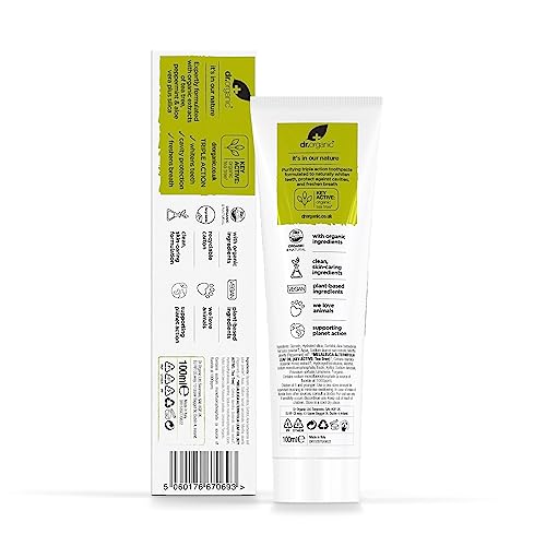 Close-up of Dr.organic branding on toothpaste tube