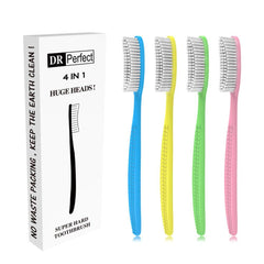 Close-up of DR PERFECT Extra Hard Toothbrush dense bristles on a large head