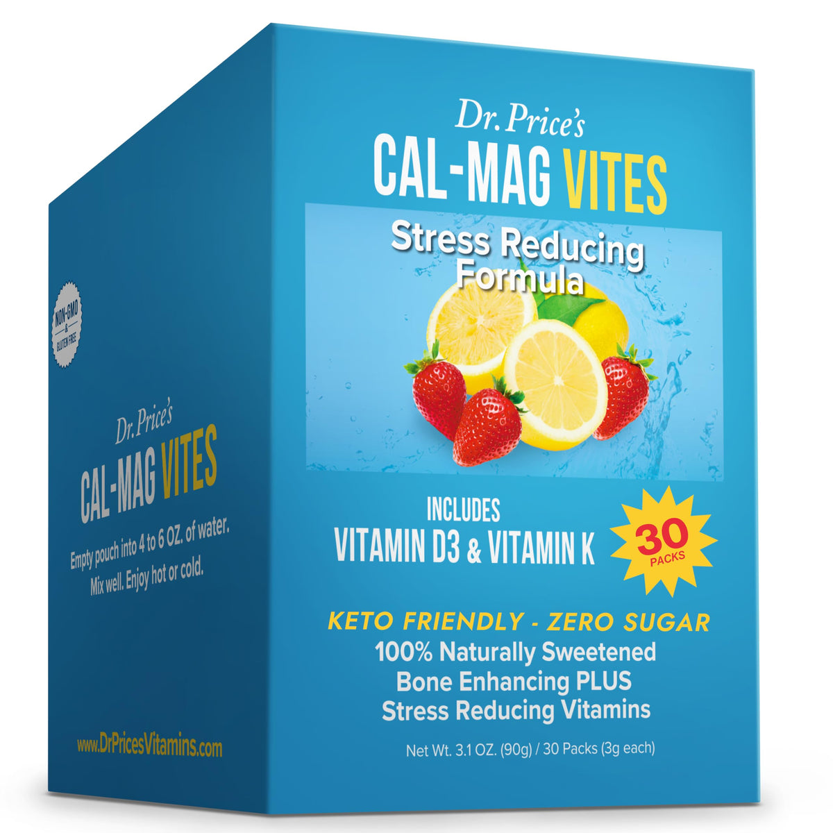 Front view of Dr. Price's Cal-Mag Vites 30-packet packaging