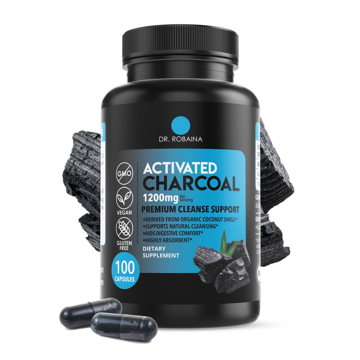 Dr. Robaina Activated Charcoal Capsules bottle with label – USA made