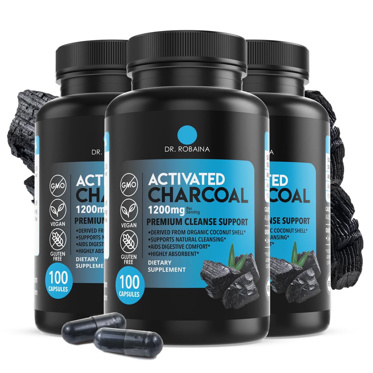 Dr. Robaina Activated Charcoal Capsules bottle front view