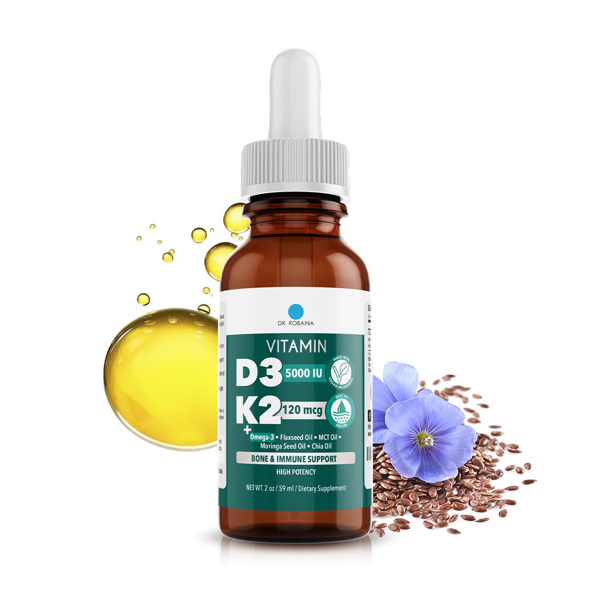 Dr. Robaina D3 + K2 drops bottle with label