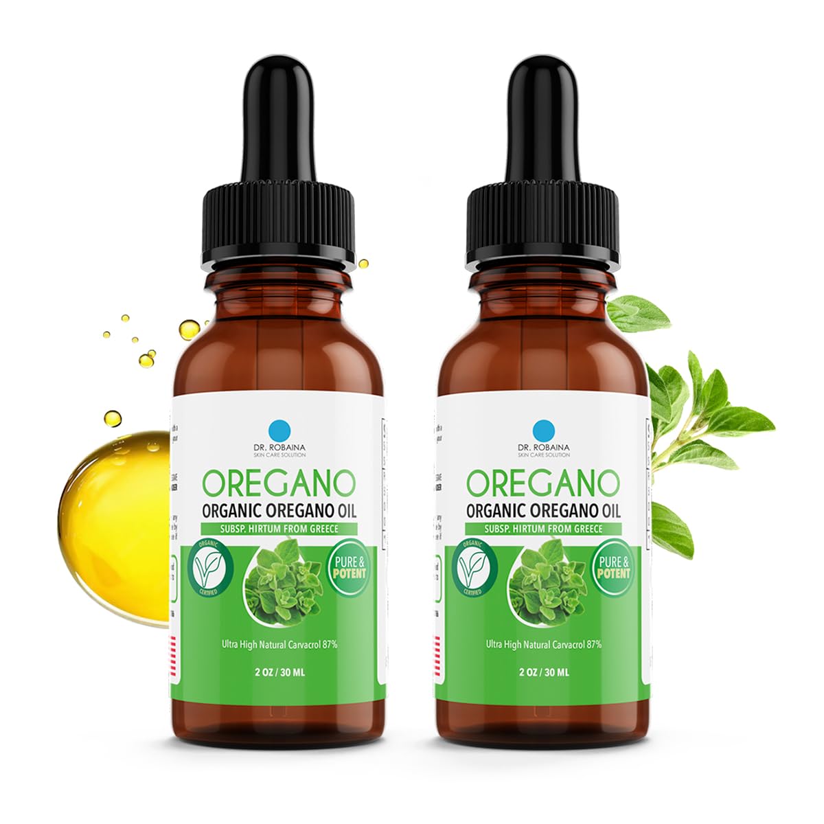 Bottle front view of Dr. Robaina Organic Oil of Oregano Drops