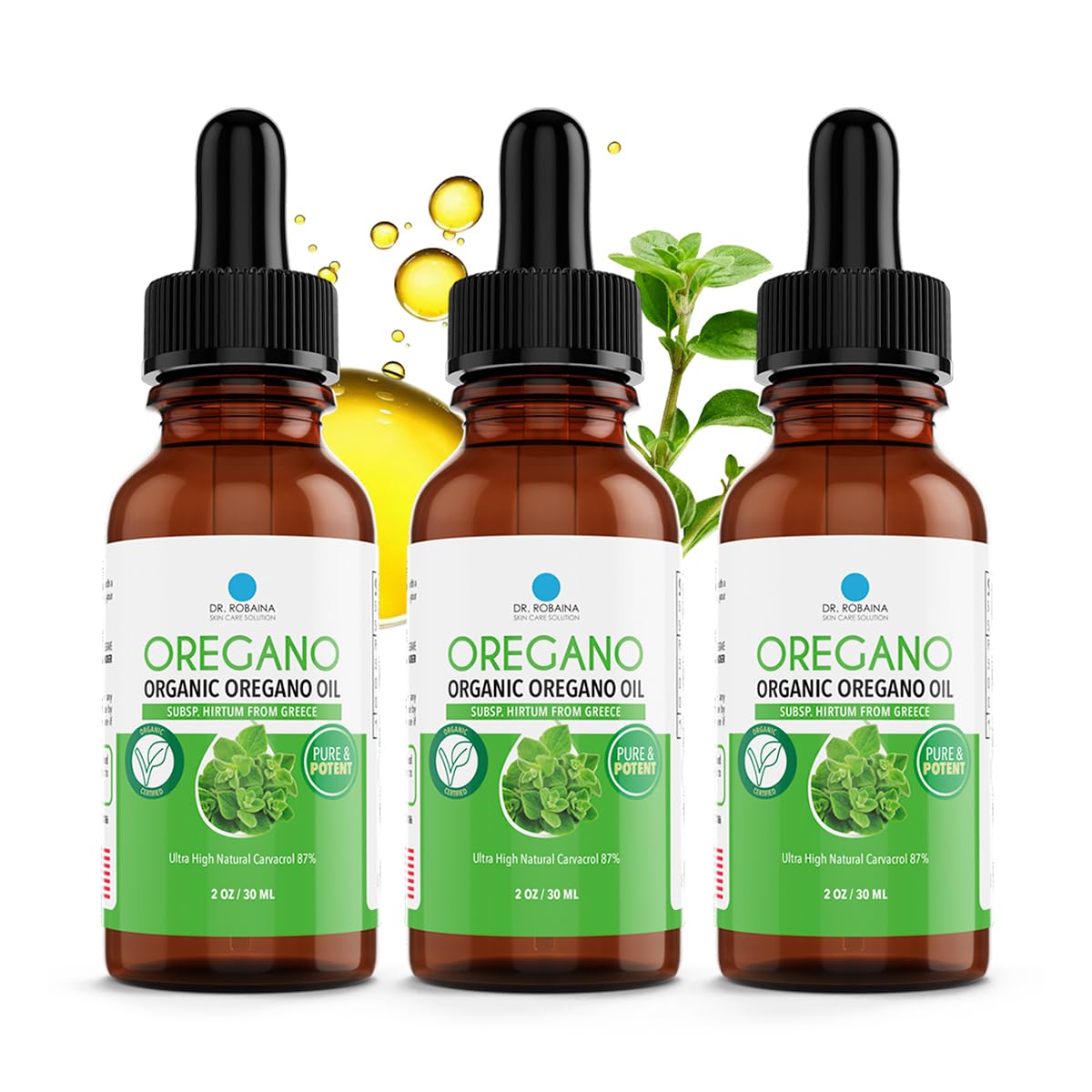 Dr. Robaina Organic Oil of Oregano Drops bottle with 87% carvacrol