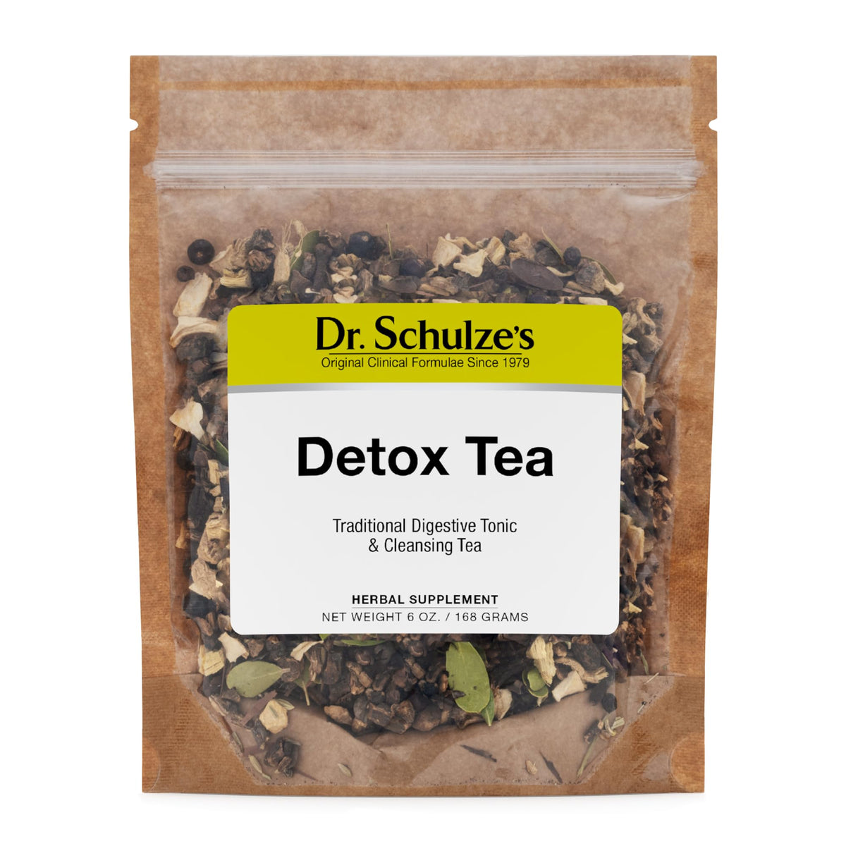 Dr. Schulze’s Detox Tea pack shot showcasing a natural blend for digestive support.