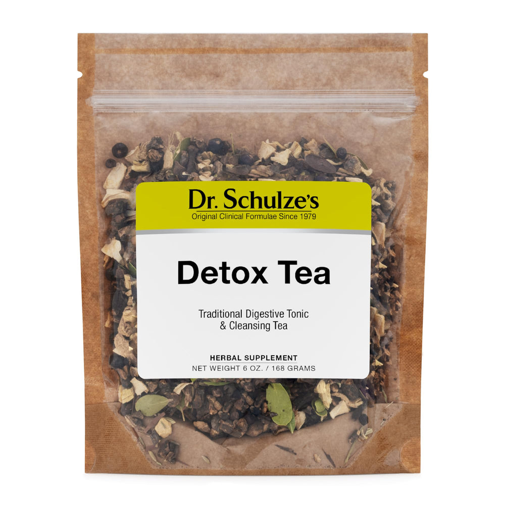 Dr. Schulze’s Detox Tea pack shot showcasing a natural blend for digestive support.