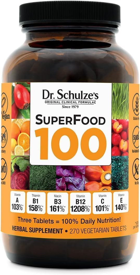 Bottle of Dr. Schulze's SuperFood 100 on white background