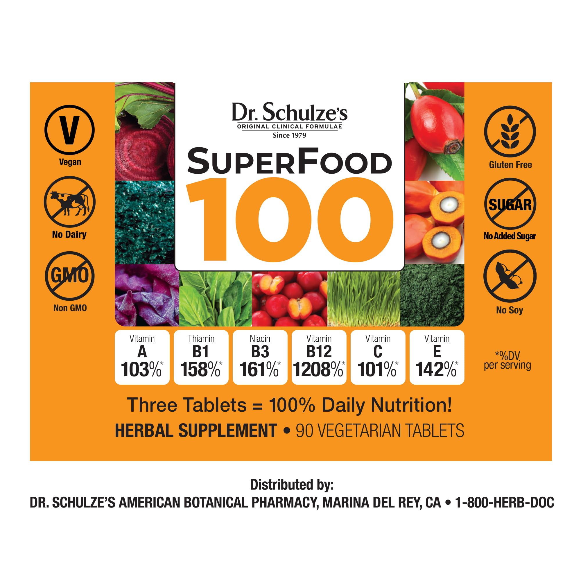 Label for Dr. Schulze's SuperFood 100 showing vitamins and plant-based ingredients