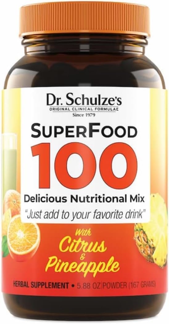 Bottle and label of Dr. Schulze's SuperFood 100 plant-based multivitamin