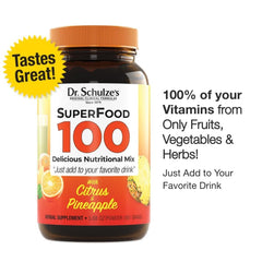 Vegan, gluten-free, dairy-free SuperFood 100 label showing citrus pineapple flavor