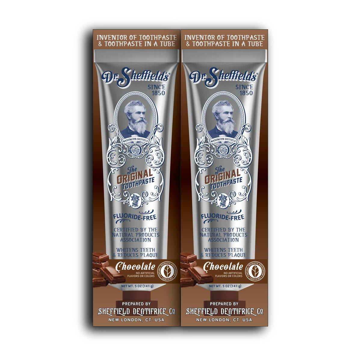 Front view of Dr. Sheffield’s Natural Toothpaste Chocolate 2-Pack