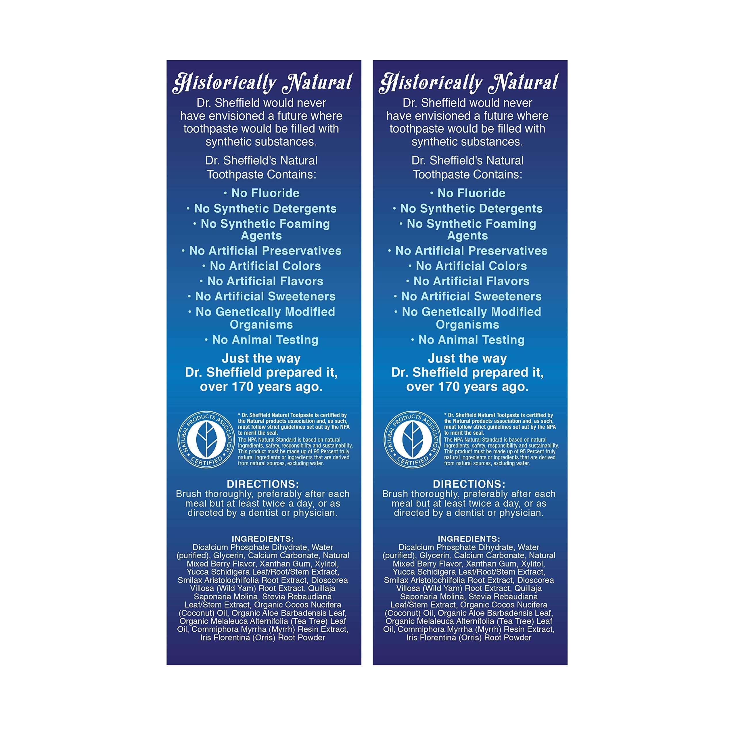 Icons indicating no fluoride and no synthetic additives