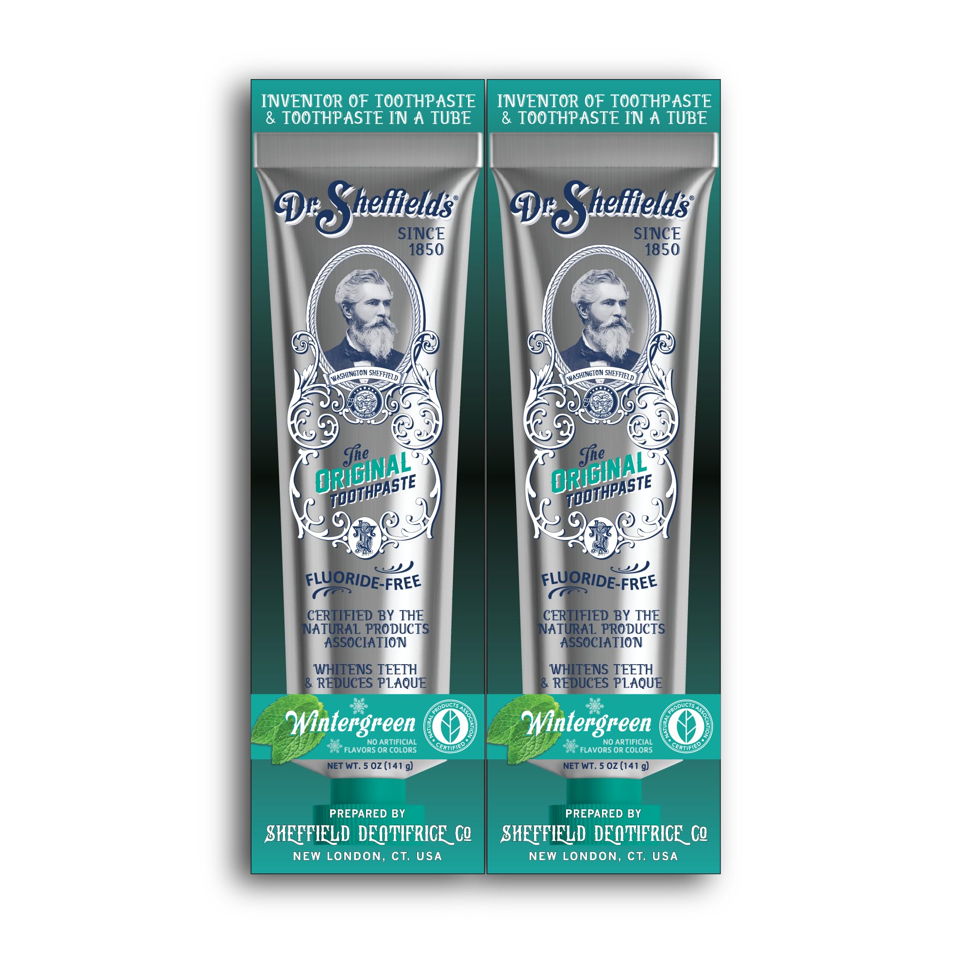 Front packaging and bottle of Dr. Sheffield’s Wintergreen Certified Natural Toothpaste