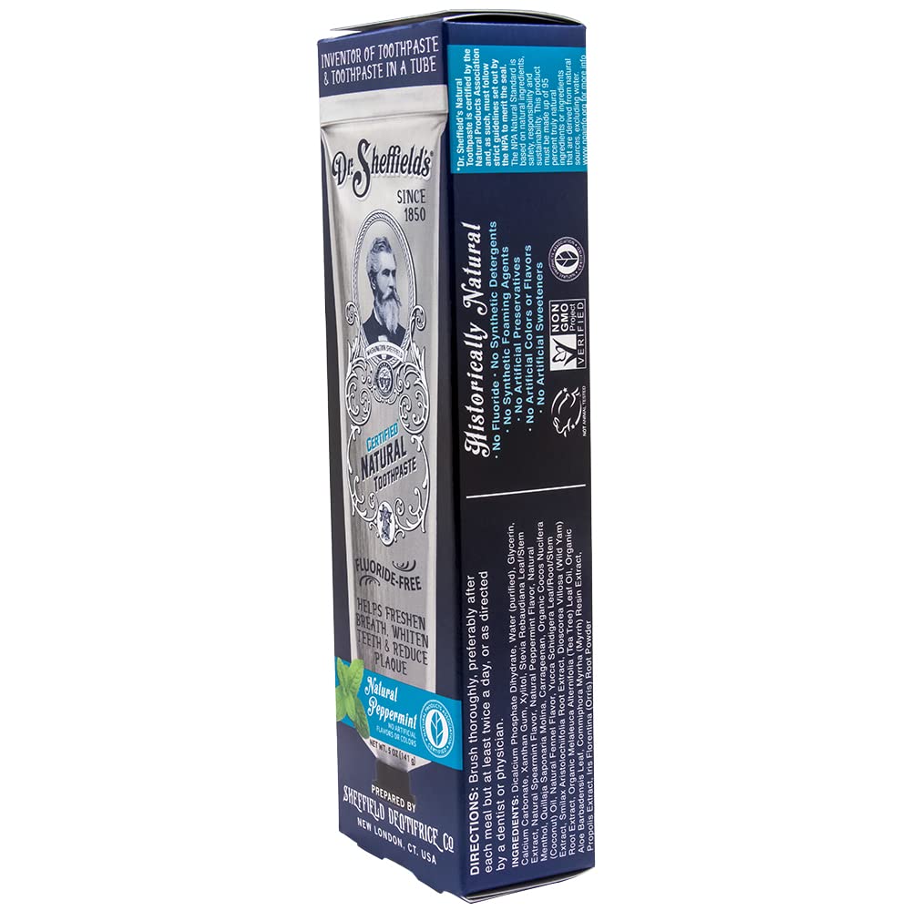 Dr Sheffield's Natural Peppermint Toothpaste 5 oz - tube close-up peppermint flavor