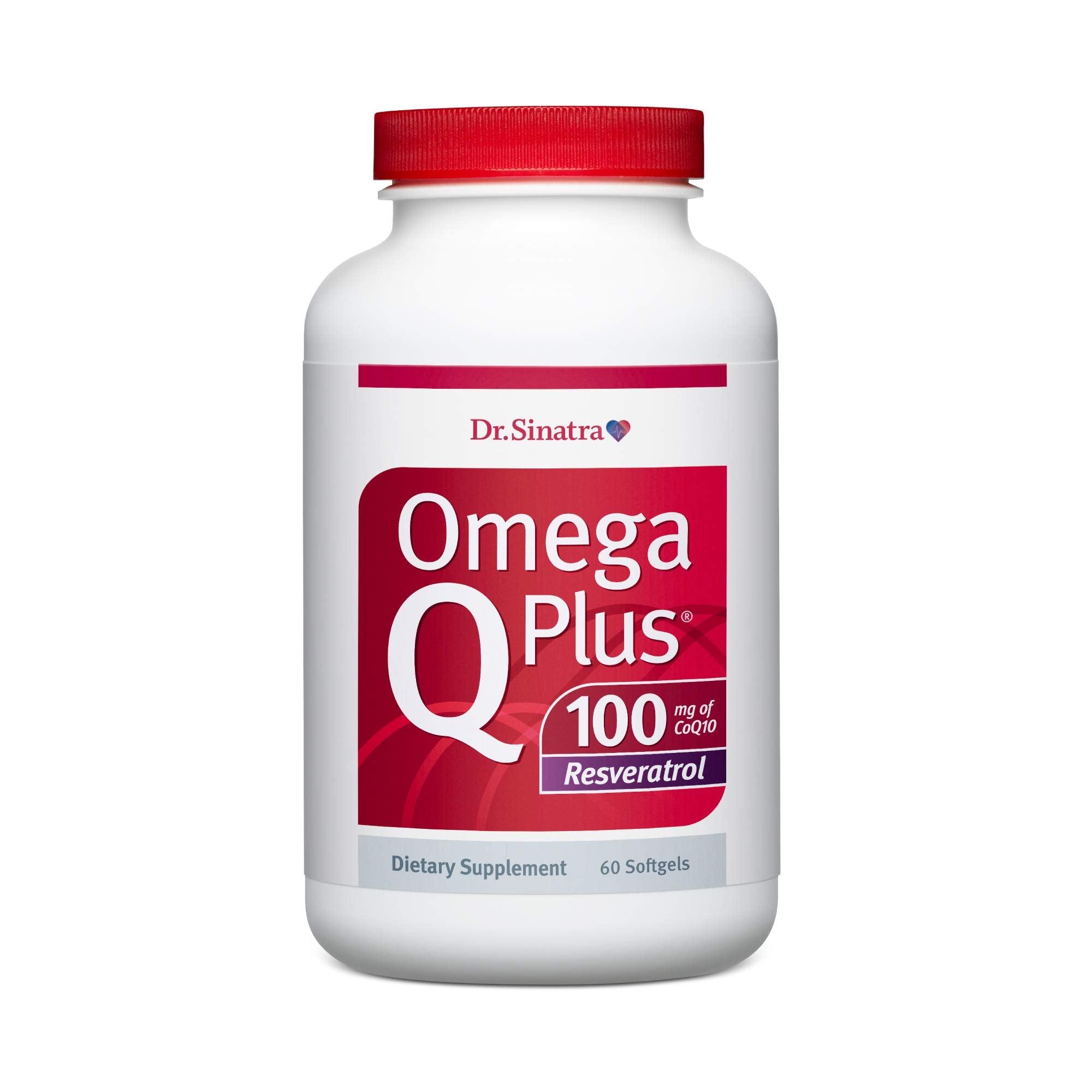 Front view of Dr. Sinatra Omega Q Plus 100 Resveratrol bottle