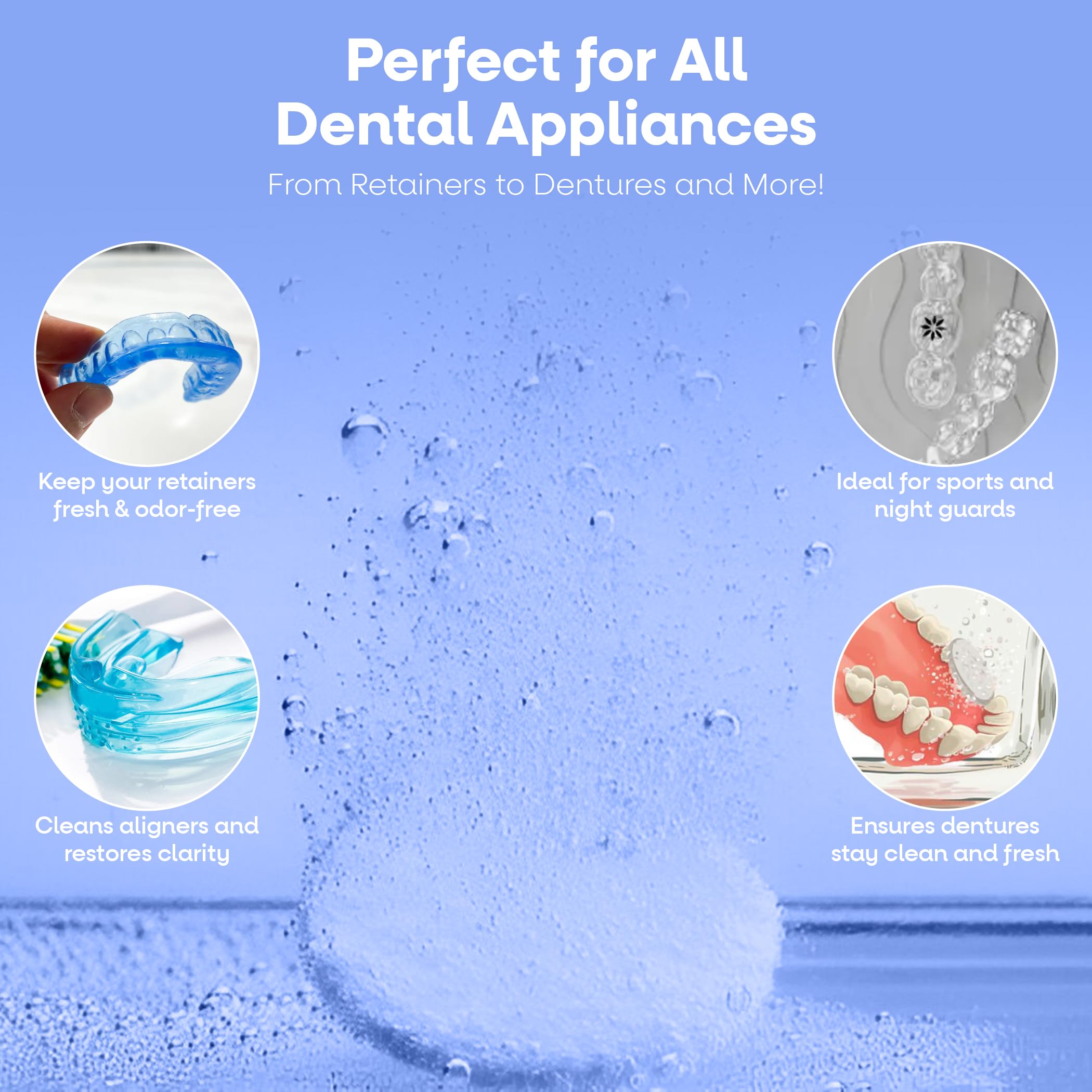 Mint-flavored retainer cleaner tablet dissolving in water