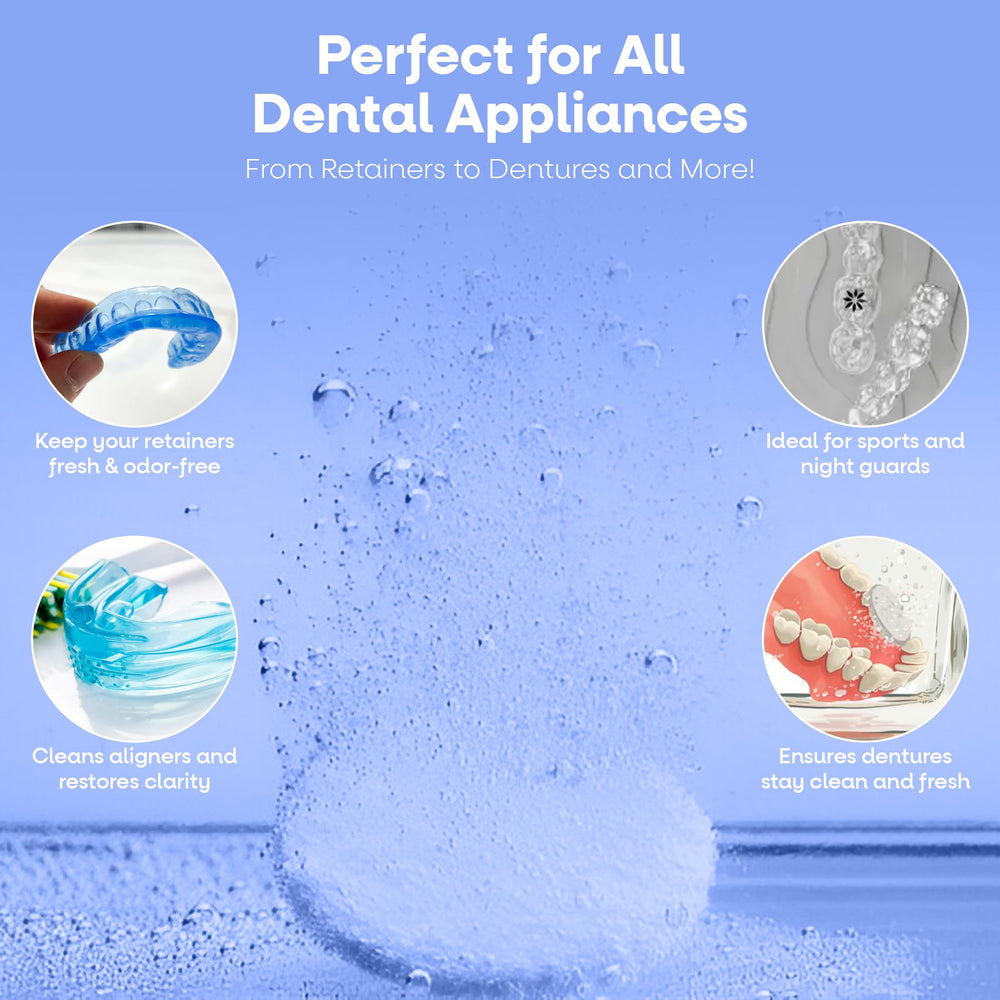 Mint-flavored retainer cleaner tablet dissolving in water