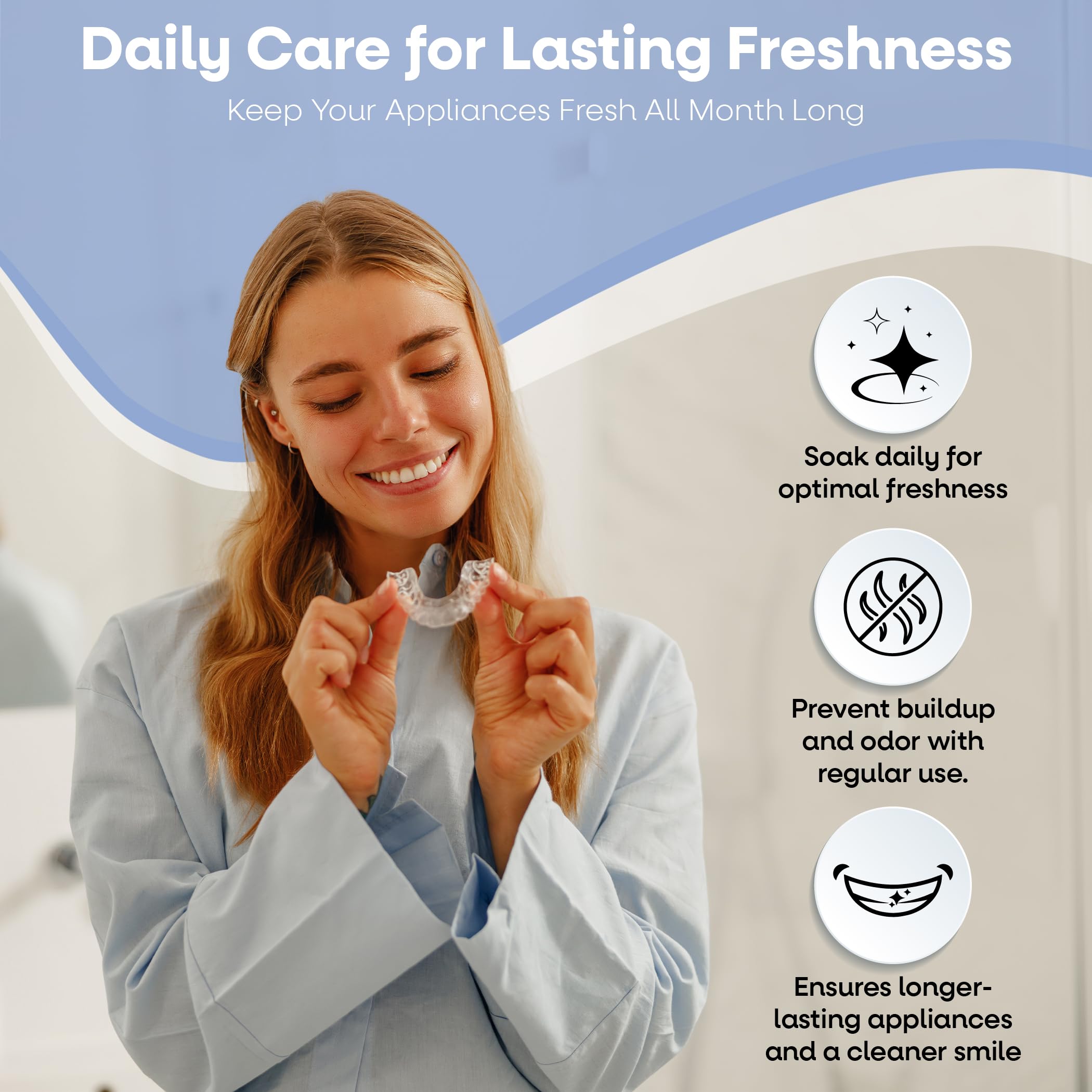 Odor and stain removal on dental appliances with cleaner