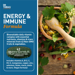 Close-up of product label highlighting immune support and 42 fruits & vegetables.