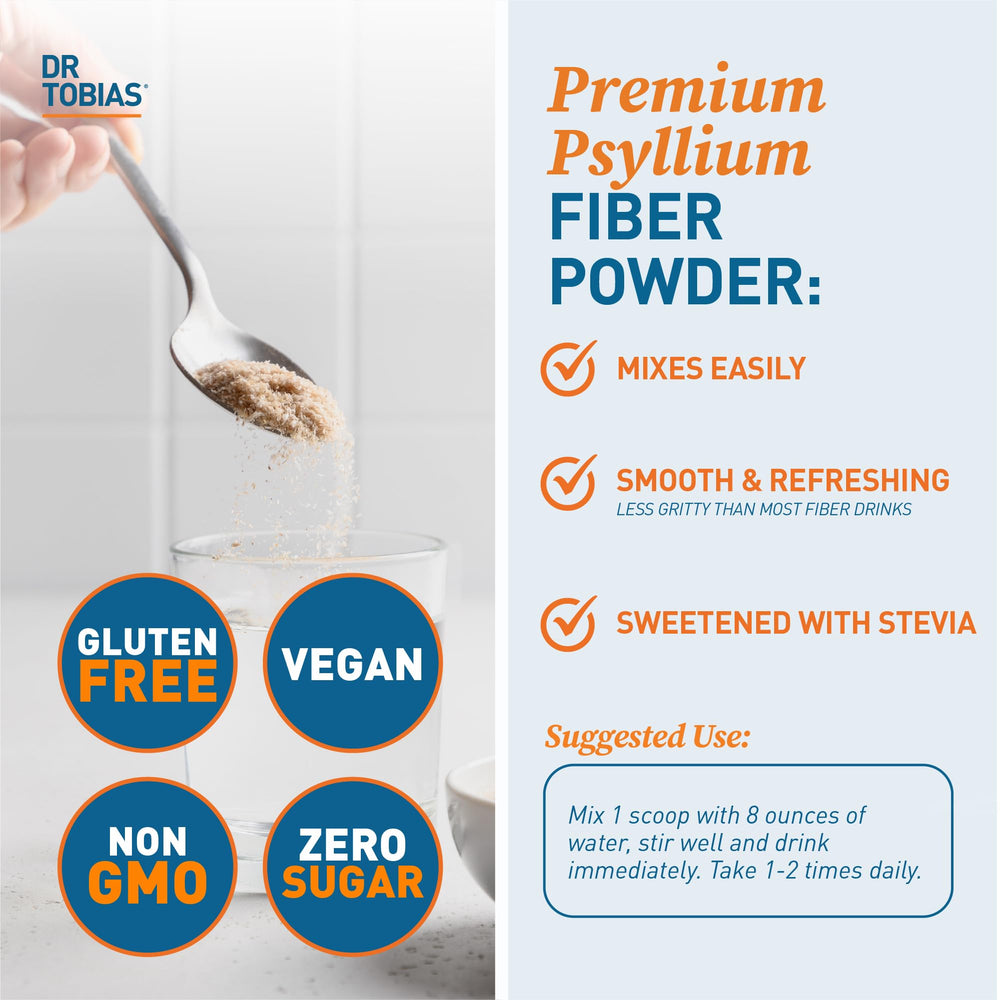 Psyllium husk powder being added to a glass of water